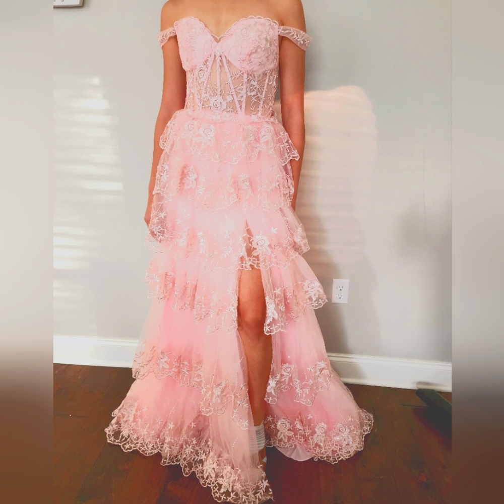 Lace off shoulder hoco prom dress